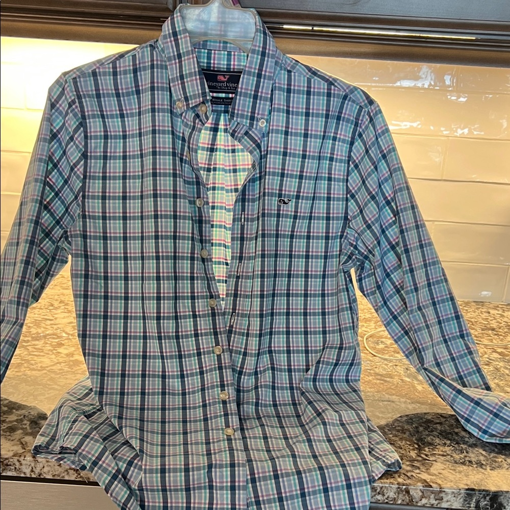 Vineyard Vines Blue and Green Plaid Shirt